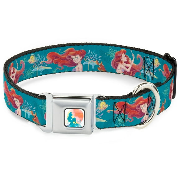 Disney Pet Collar, Dog Collar Metal Seatbelt Buckle, The Little Mermaid Flounder and Sebastian Under the Sea Green, 9.5 to 13 Inches 1.0 Inch Wide
