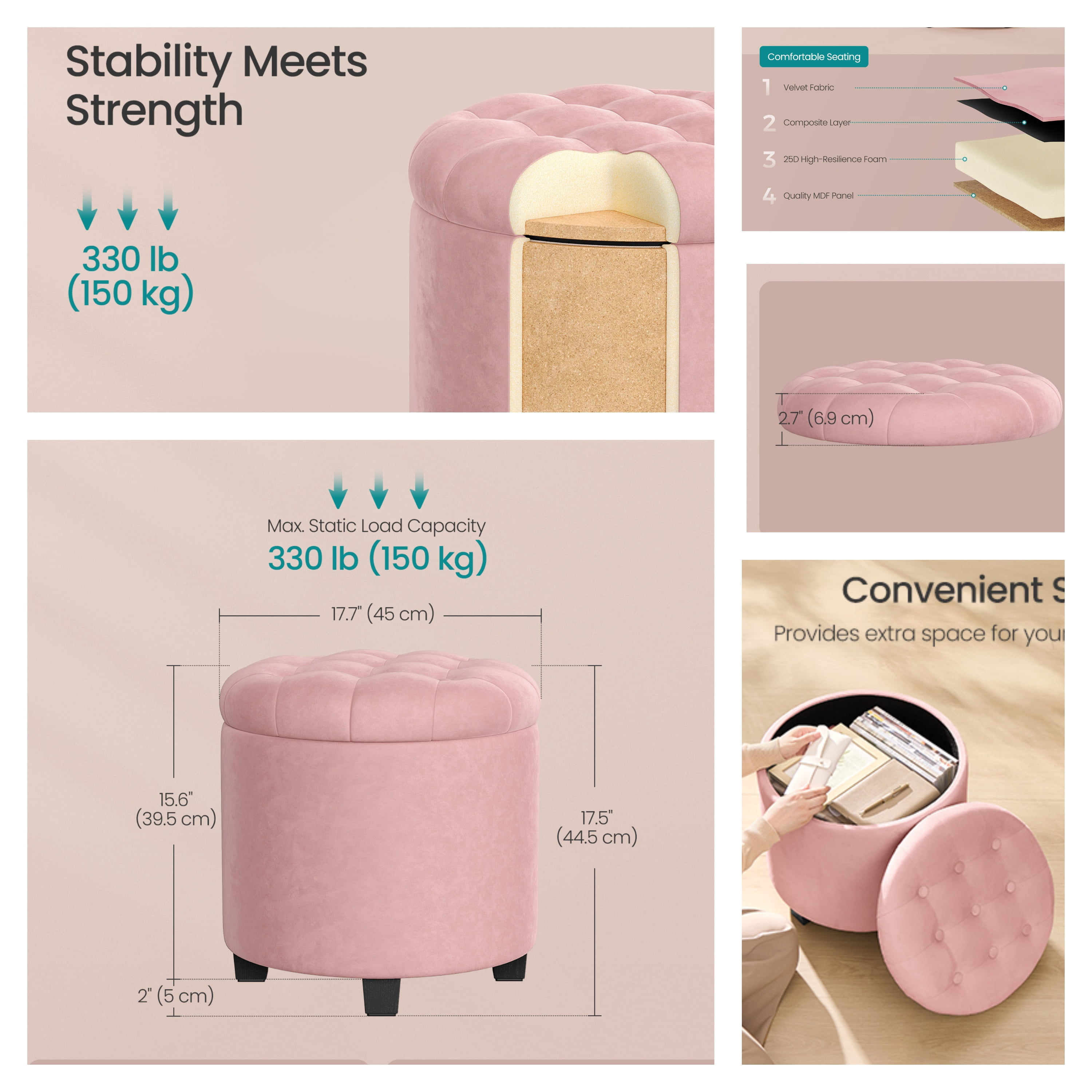 LEDREM Round Velvet Storage Ottoman - 17.7" Foot Rest Stool with Hidden Compartment, 330lb Capacity, for Living Room, Bedroom, Dorm, Jelly Pink