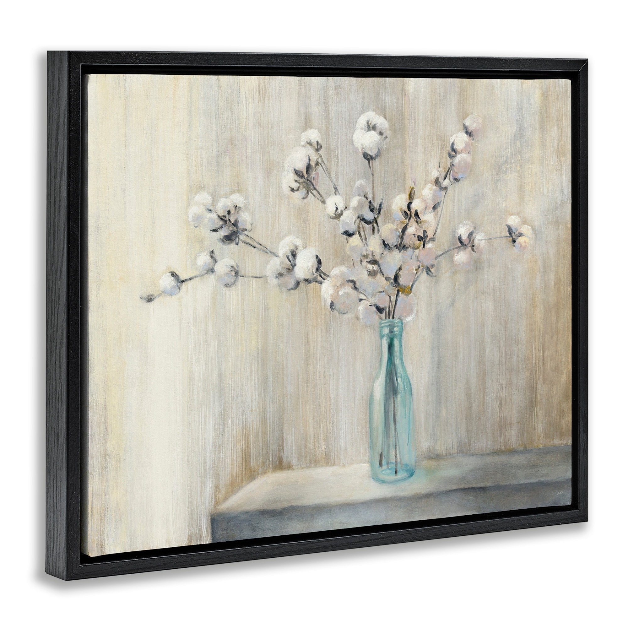 Stupell Industries Beautiful Cotton Flower Grey Brown Painting Jet Black Framed Floating Canvas Wall Art, 16x20, by Julia Purinton