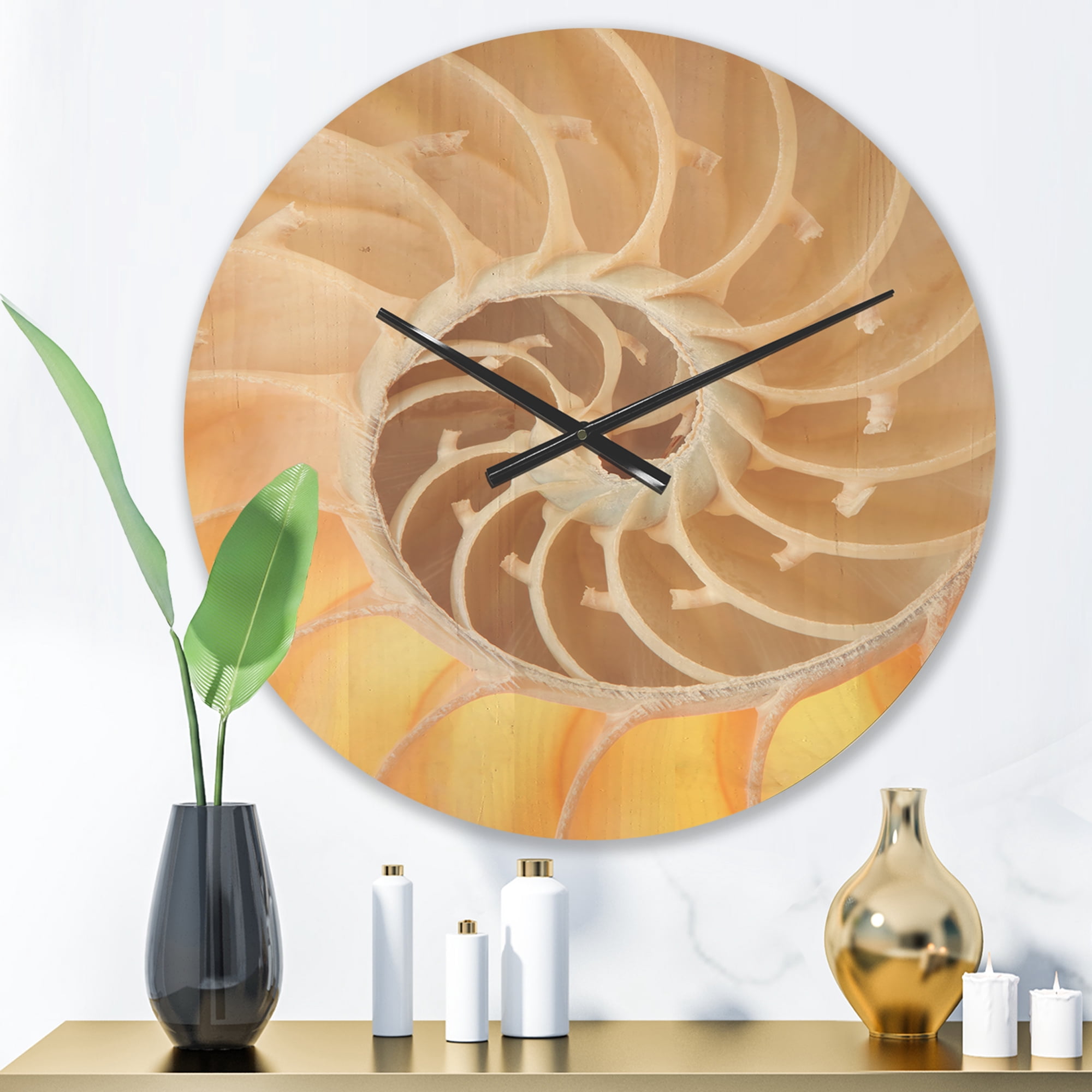 Designart 'Golden Nautilus Seashell Pattern ' Modern Wood Wall Clock