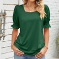 thumbnail image 2 of Women's Elegant Blouses Short Sleeve Elastic Ruffled Shrug Shoulder Square Neck Shirts Tunic Tops Solid T-shirts 2025 Green,M, 2 of 6