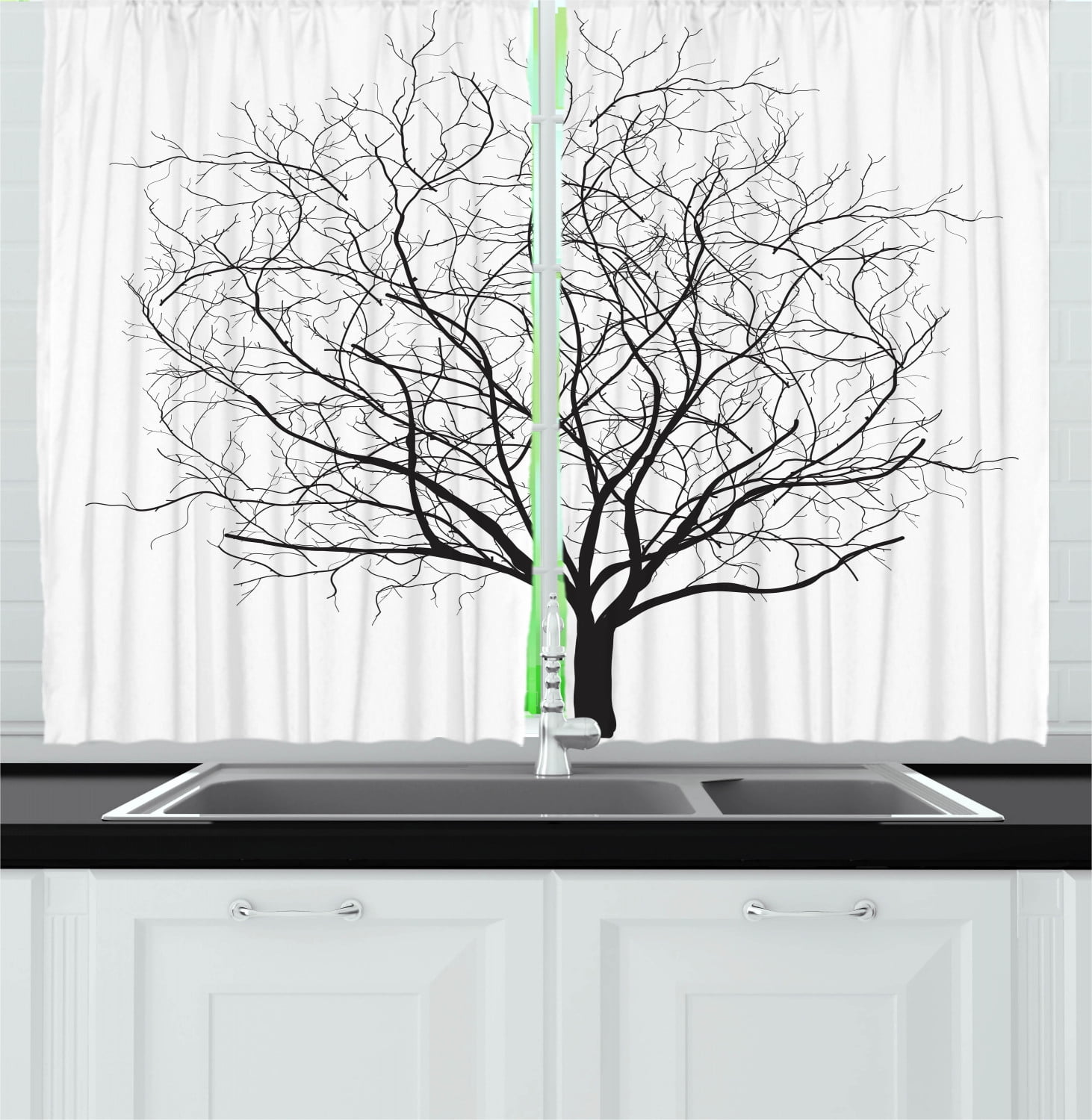 Tree Curtains 2 Panels Set, An Old Withered Oak Crown without Leaves Tree Branches Rustic Theme Illustration, Window Drapes for Living Room Bedroom, 55W X 39L Inches, Black and White, by Ambesonne
