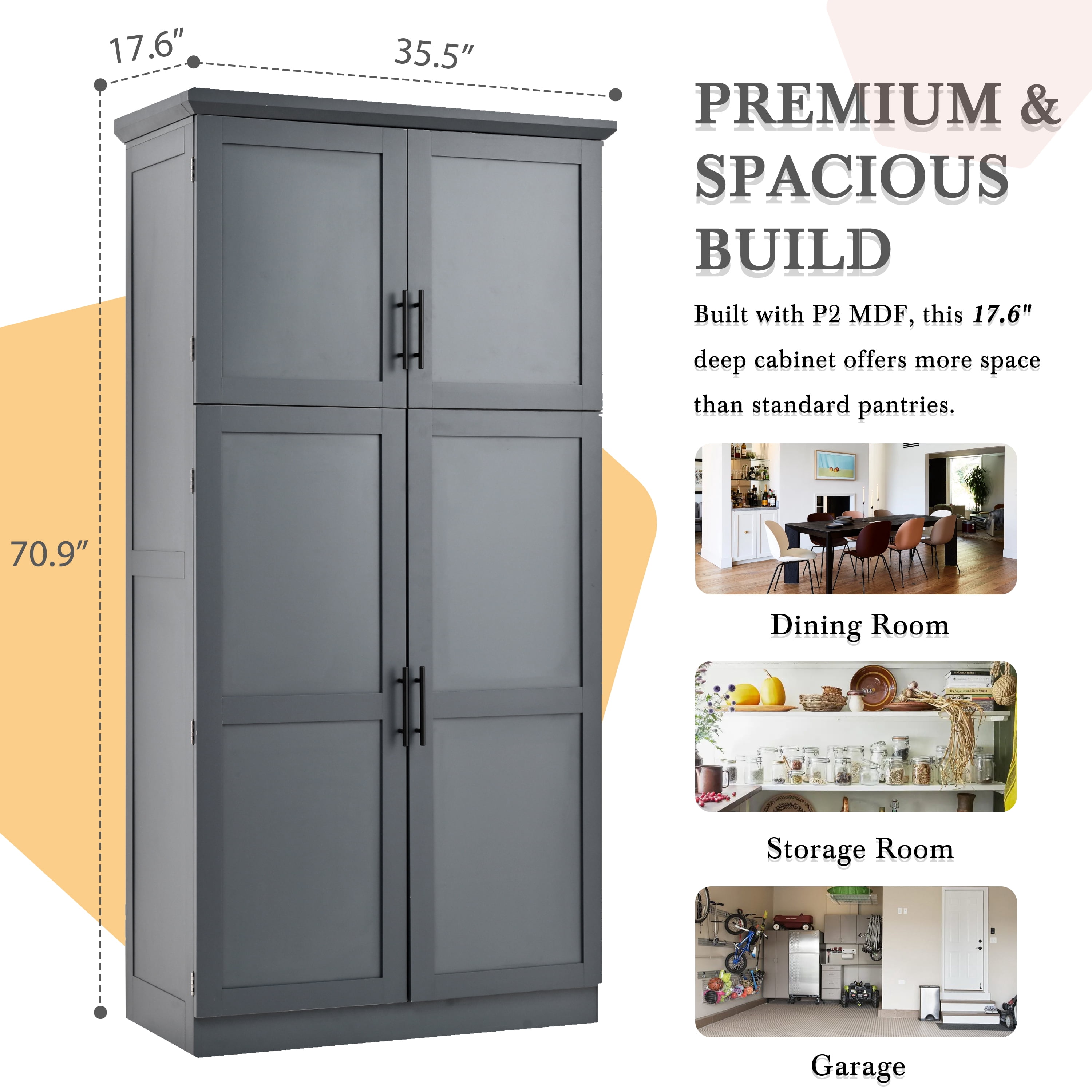 Aukfa 71" Tall Kitchen Pantry Cabinet, 4-Door Freestanding Pantry Hutch Storage Organizer with 8 Pull-Out Trays,Gray
