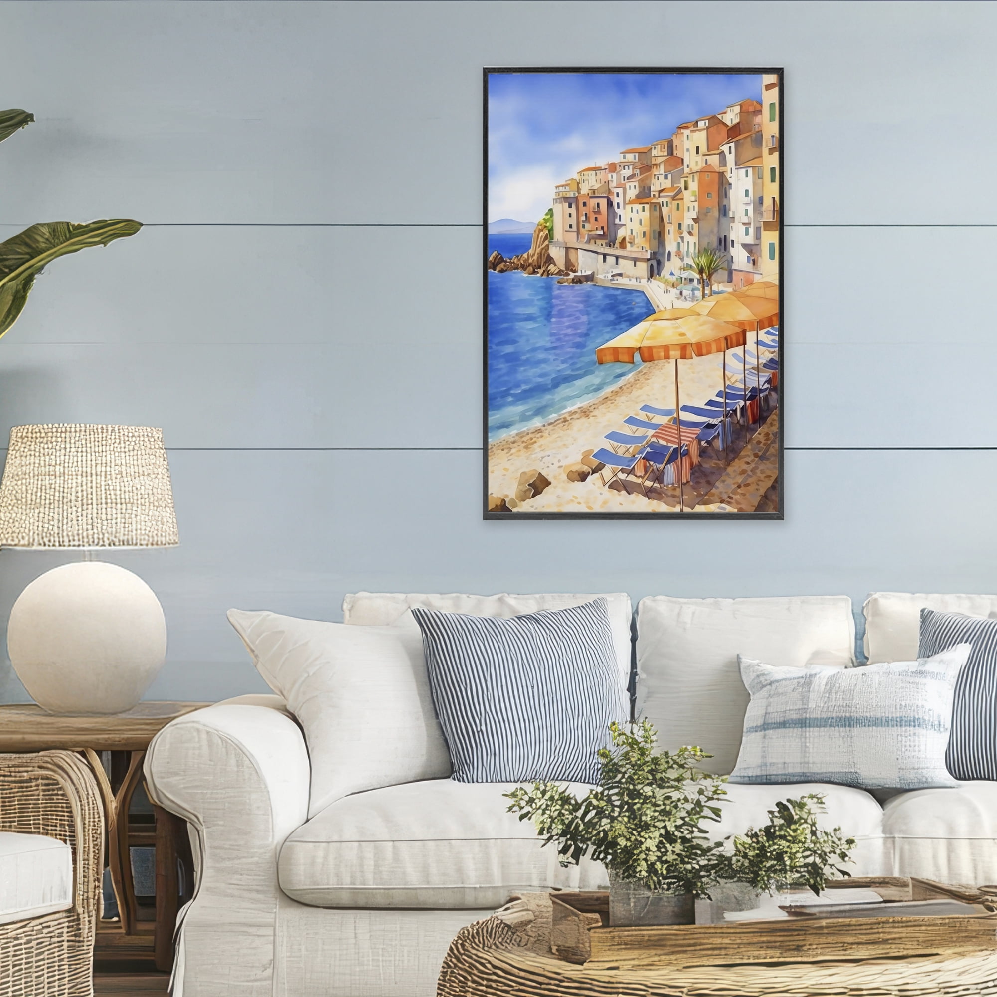 Stupell Industries Beach Lounging on Mediterranean Shore Black Framed Giclee Art, design by Creative Studio