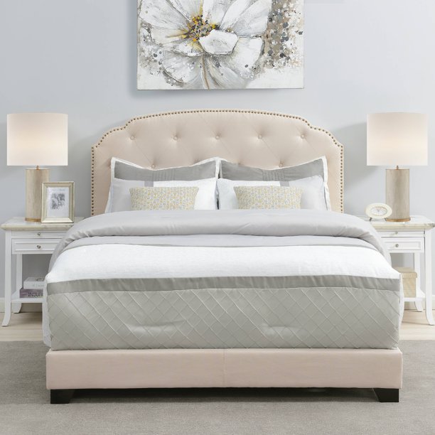 HomeFare Tufted Nail head Trimmed King Bed in Linen Beige