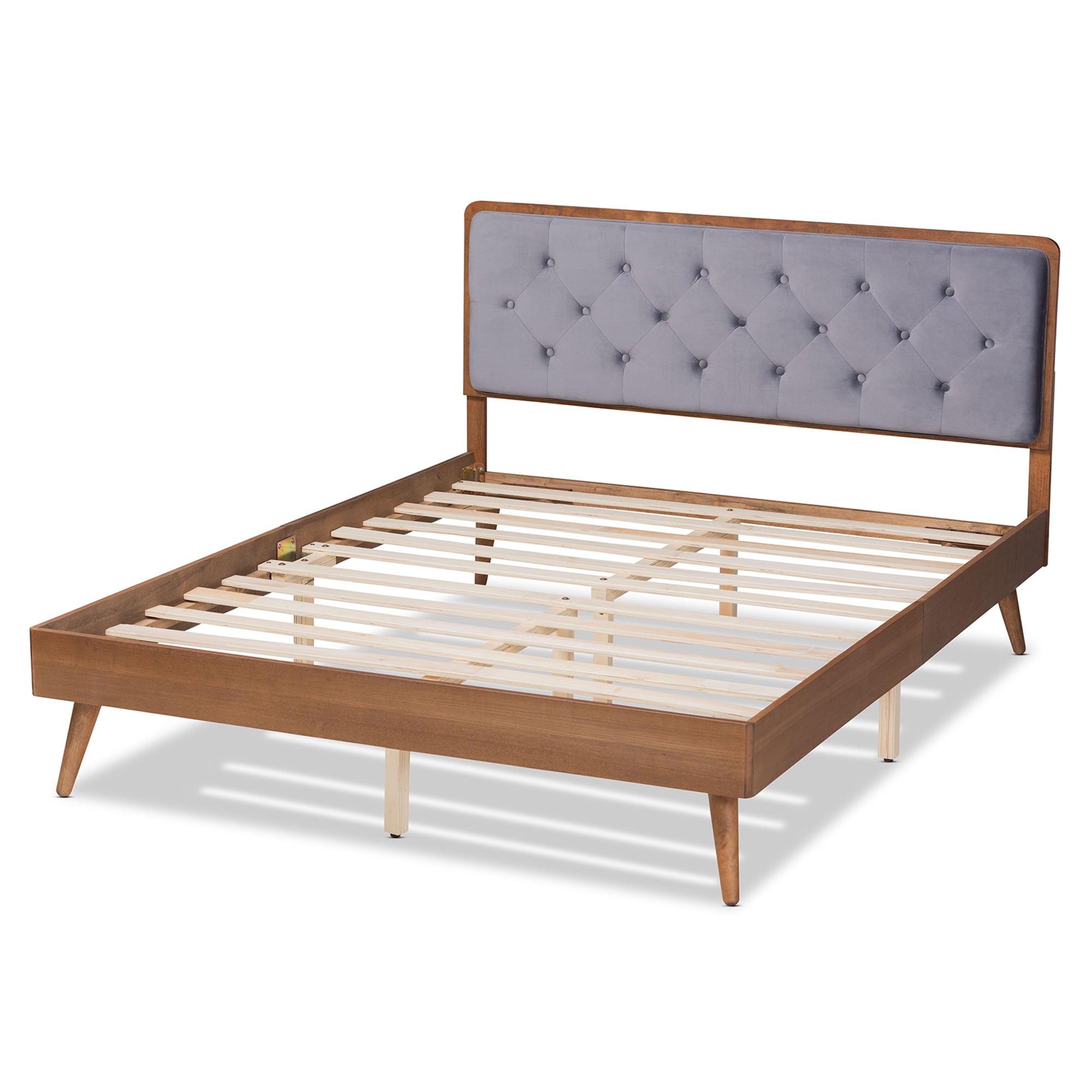 Baxton Studio Larue Modern and Contemporary Grey Velvet Fabric Upholstered and Walnut Brown Finished Wood King Size Platform Bed