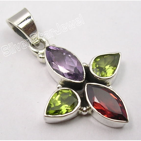 SilverStarJewel .925 Solid Silver Natural Colorful 4 Gem Multistone Handmade Pendant 1.3"