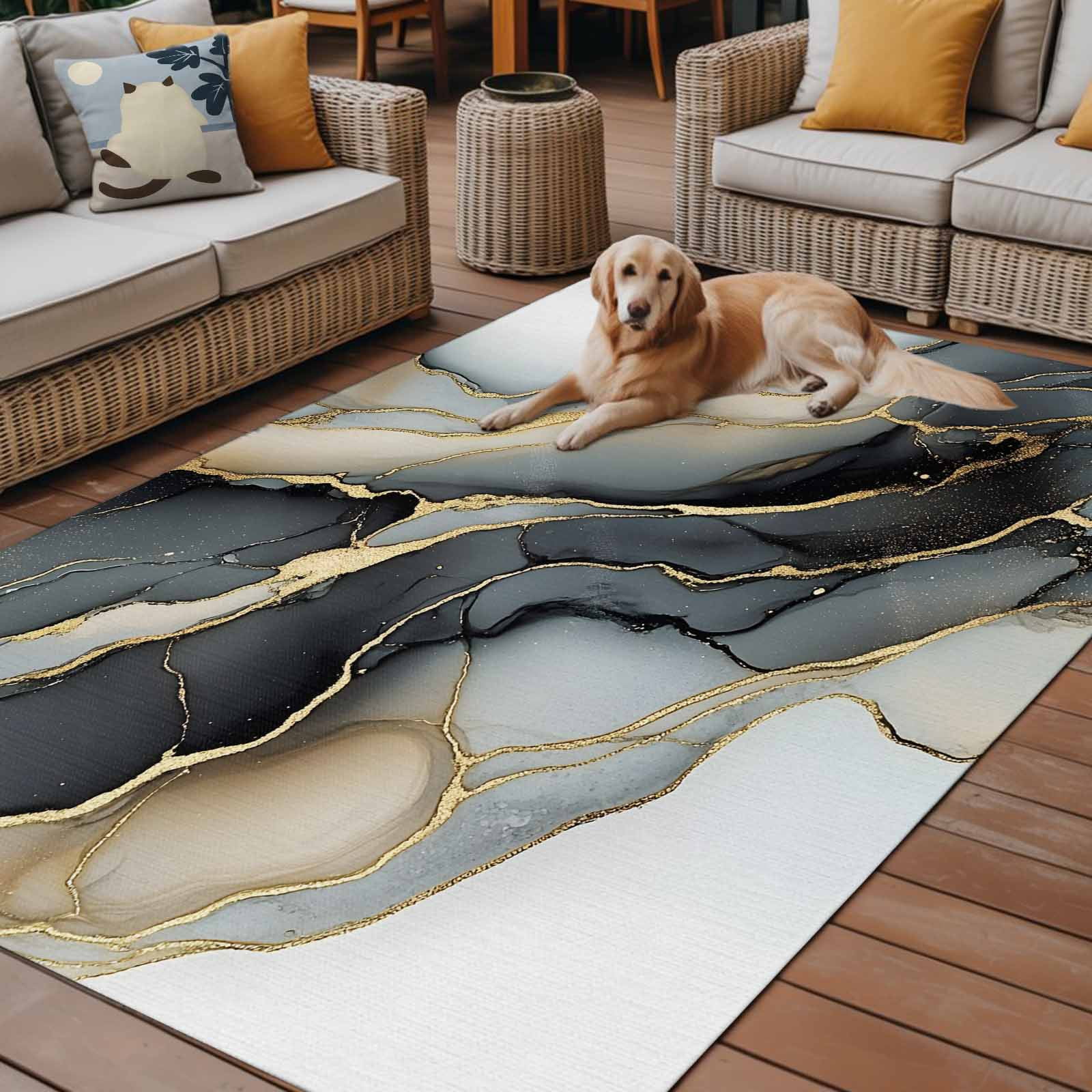 Outdoor Rug 3x5ft Ombre Black White Marble Large Area Rug Modern Art Indoor Outdoor Carpet Outdoor Rugs Mats for Patio Camping,RV,Front Door, Outside Decor