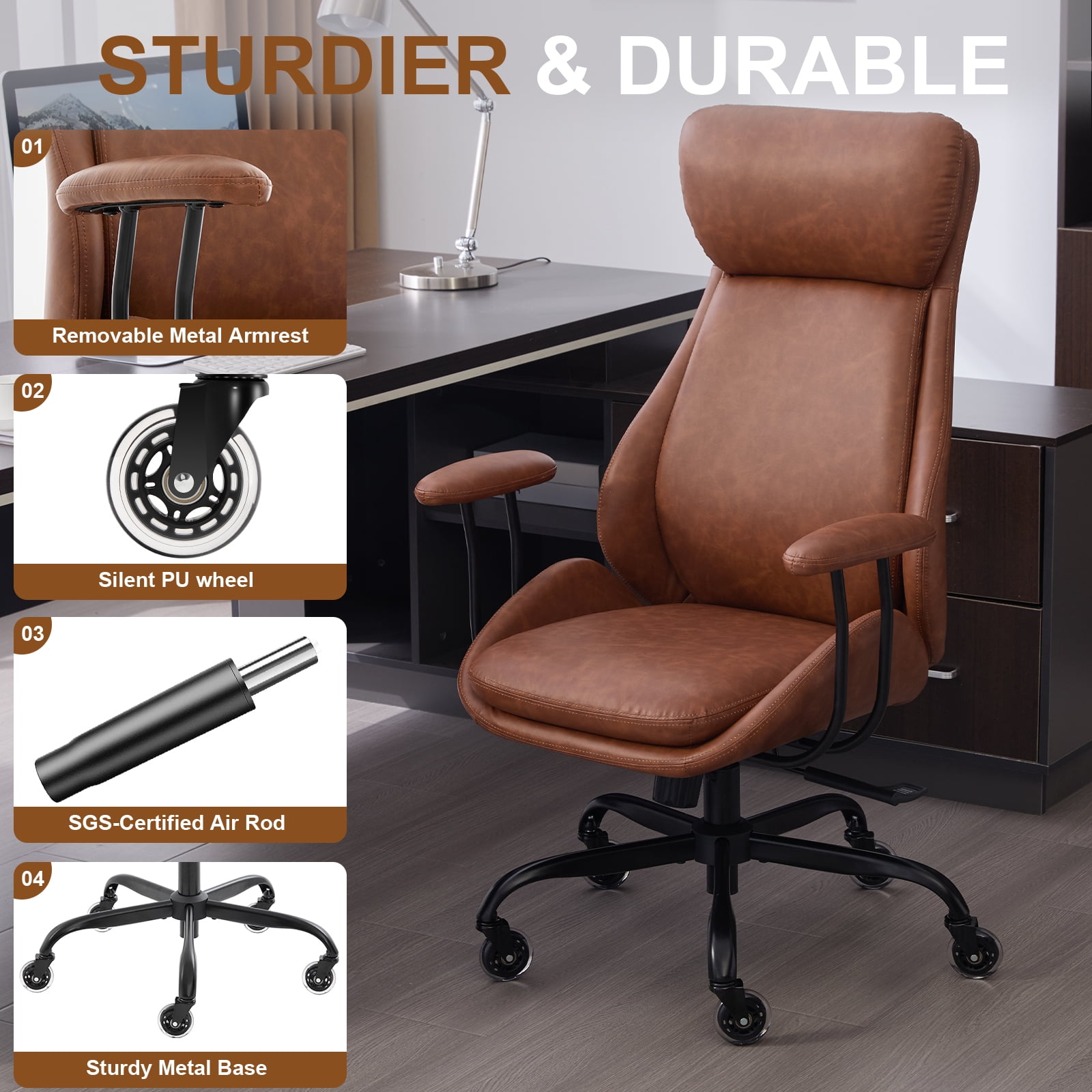 E-Motie Home Office Desk Chair, Ergonomic Computer Chair with Lumbar Support and Head Support, High Back Office Chair with Armrests, Adjustable Height, Rubber Casters, Brown Leather