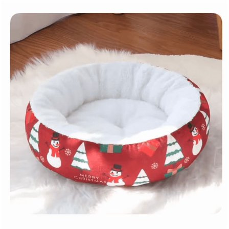Soft Polyester Circular Christmas Pet Bed Warm Winter Bed for Small/Medium DogsPlush Cushioning, for Pets (Red, S-13.78x13.78x2.56inch)