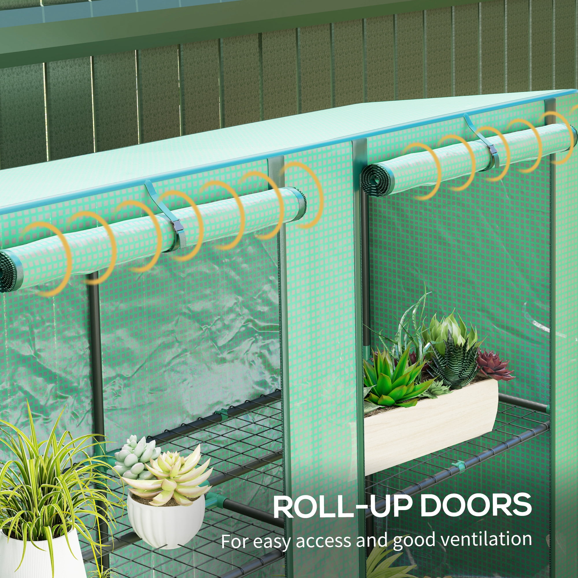 Outsunny 3 Tire Lean-to Greenhouse, Portable Small Greenhouse with PE Cover, 2 Roll-Up Zippered Doors, Green