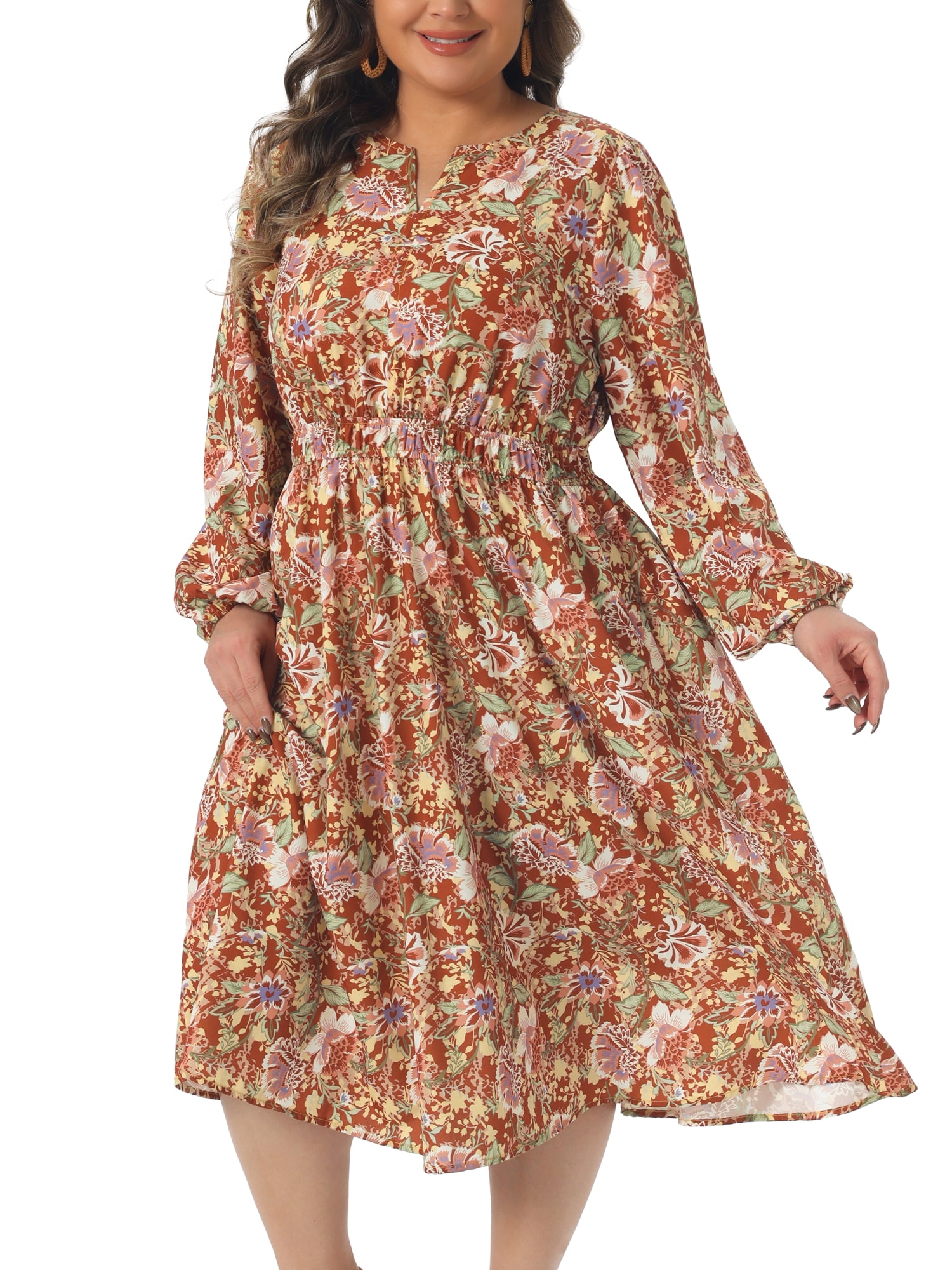 DARING DIVA Women's Plus Size Elegant Boho Floral Notch V Neck A Line Dress 1X Rust Red