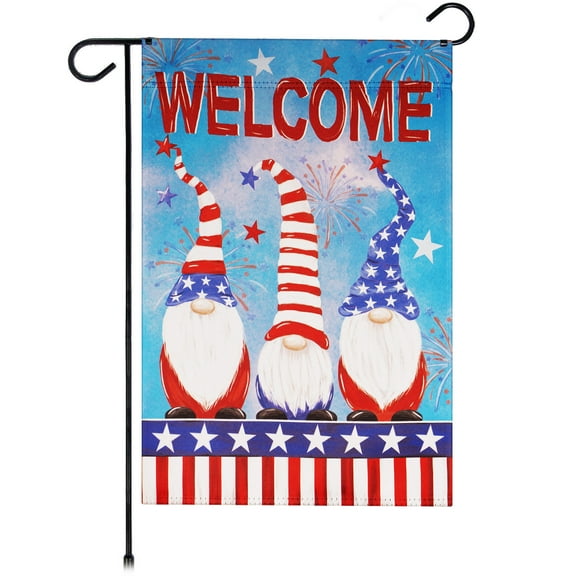 G128 Garden Flag Patriotic Decoration Welcome 3 Patriotic Gnomes 12"x18"