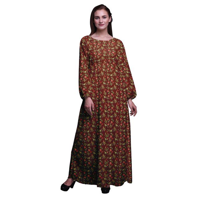 Bimba Robe Maxi à Manches Longues Élastique à la Taille Imprimée de Feuilles et Pivoines pour Femmes - Très Petite Taille