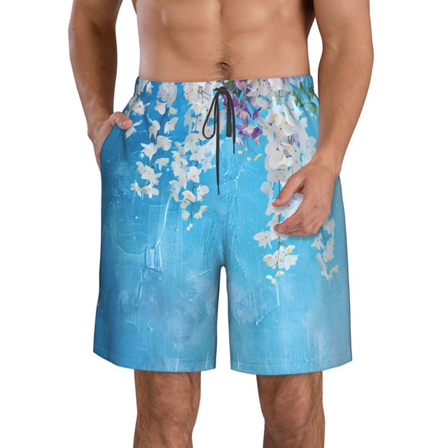 Balery Hanging Orchids Floral Blue Traje de Baño Estilo Hawaiano para Hombre, Shorts de Secado Rápido con Bolsillos-Small