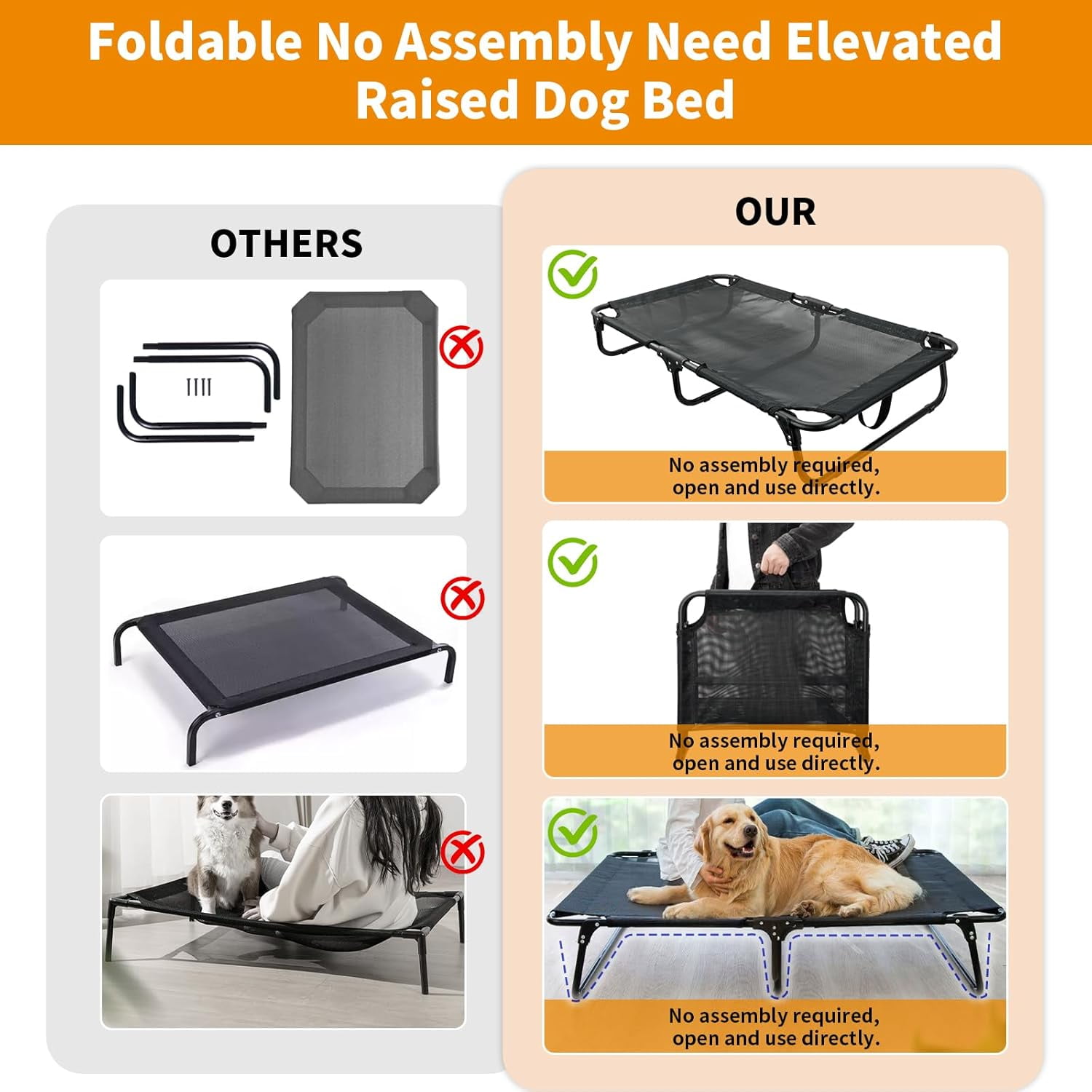 Foldable Elevated Dog Bed for Large Pet, No-Assembly-Need Folding Raised Dog Bed, Waterproof Outdoor Dogs Cot Cooling Pet Hammock Beds with Breathable Mesh, Chew-Proof, Black