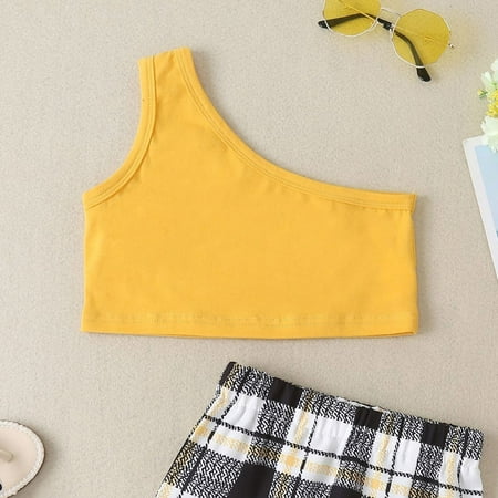 

nsendm Kids Toddler Baby Girls Spring Summer Plaid Cotton Sleeveless Vest Skirts Outfits Shirt And Pants Set for Teen Girls Childrenscostume Yellow 4-5 Years