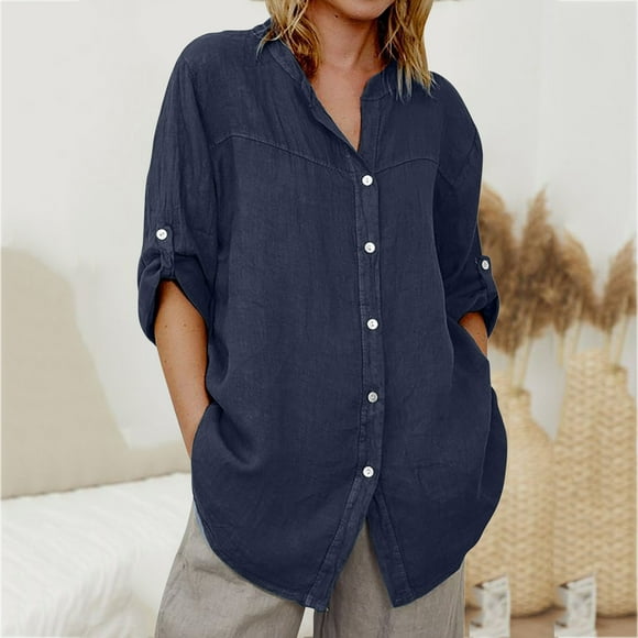 Pisexur Womens Tops Vintage Button Down Denim Shirts Turndown Collar V Neck Denim Tops 3/4 Length Sleeve Womens Tops Spring Casual Stylish Solid Color Loose Fit Work Office Blouses