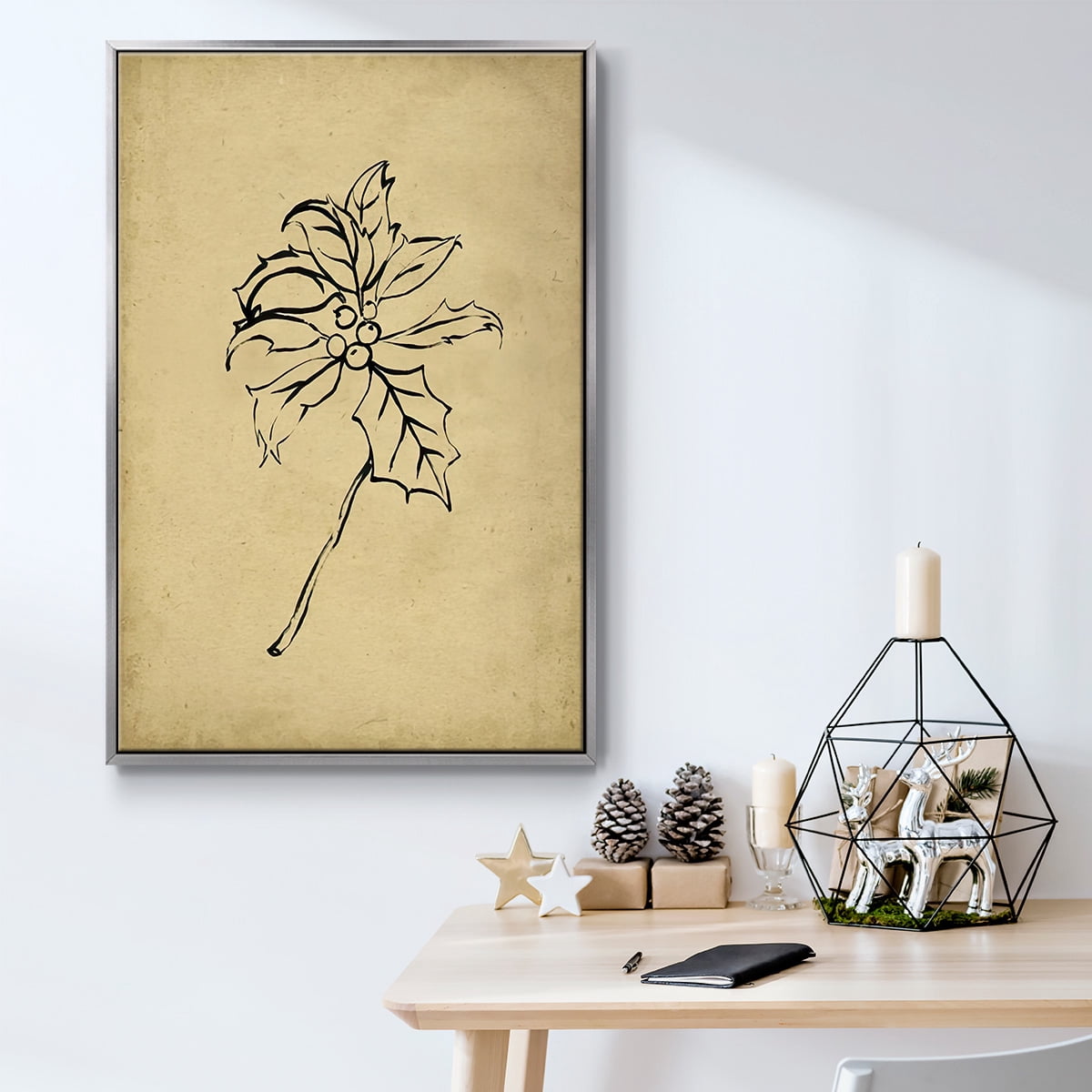 Holly Branch II - Framed Gallery Wrapped Holiday Canvas - 25 x 37 - Silver Frame