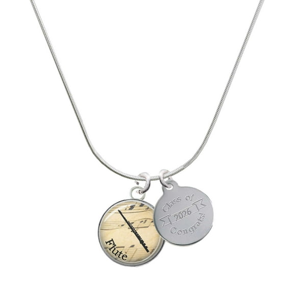 Delight Jewelry Silver-tone Domed Music - Flute - Engraved Congrats Class of 2026 Charm Necklace, 18"