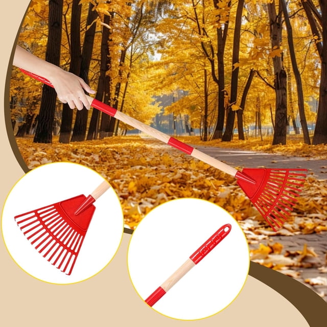 DYNWAVECA Garden Rake Leaf Rake Children Adults Sturdy Lawn Garden Tool 3 Sections for Camping Trips Outdoor Grass Raking Seasonal Work Red