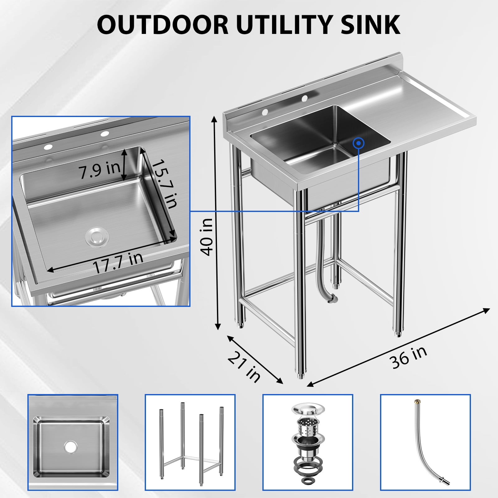 Zzistar Freestanding Single Sink，Commercial Kitchen Stainless Steel Utility Sink with Worktop Faucet, for Outdoor Garage