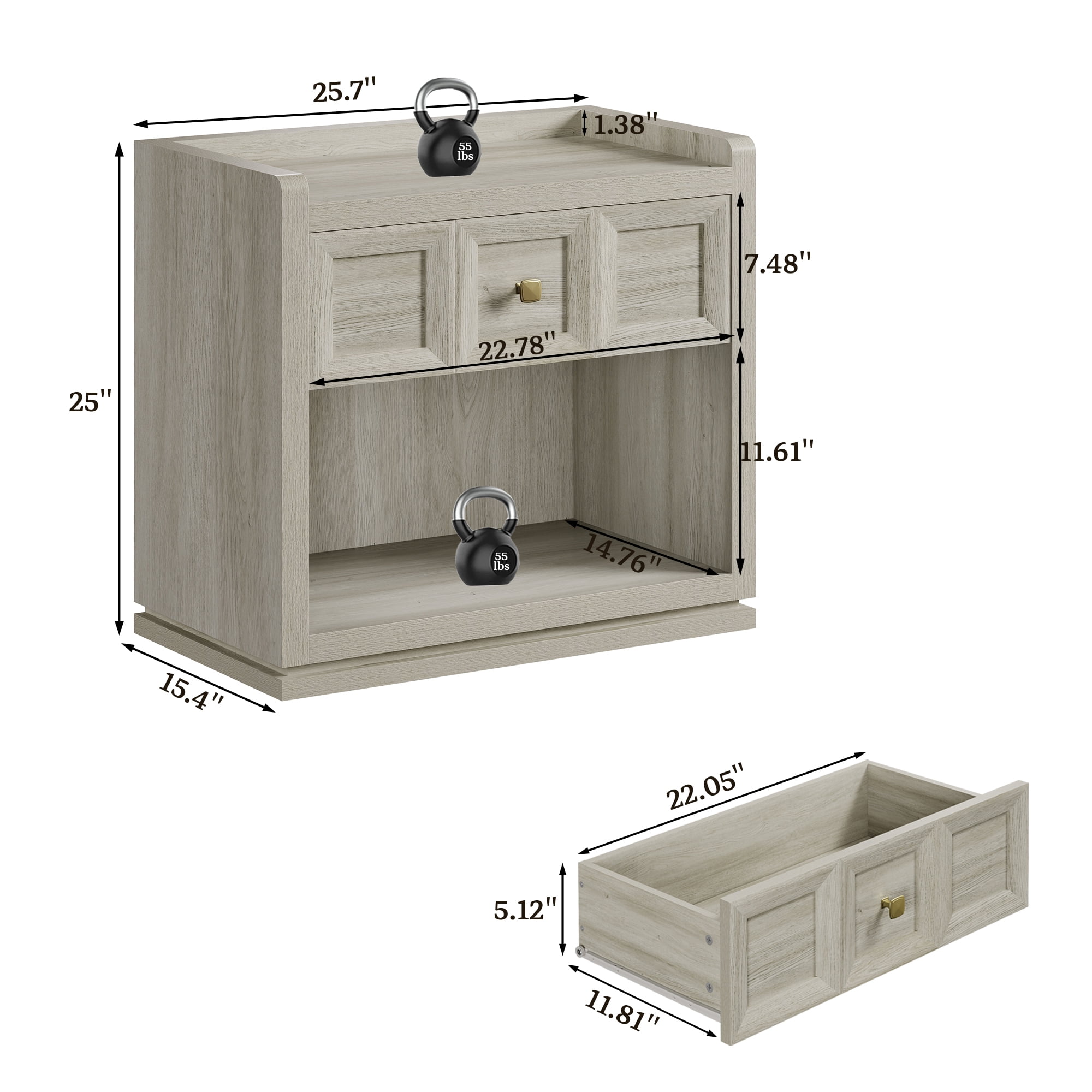 SICOTAS 26" W Farmhouse Nightstands Set of 2, Big nightstands with Drawer & Open Shelves, Large Bedside Table, End table for Bedroom, Living Room, White Oak