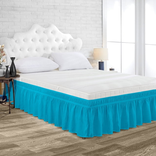 Dee's Collection Queen Size Microfiber Wrap Around Solid Bed Skirt with Elastic Belt (9 Inch Drop, Turquoise Blue)