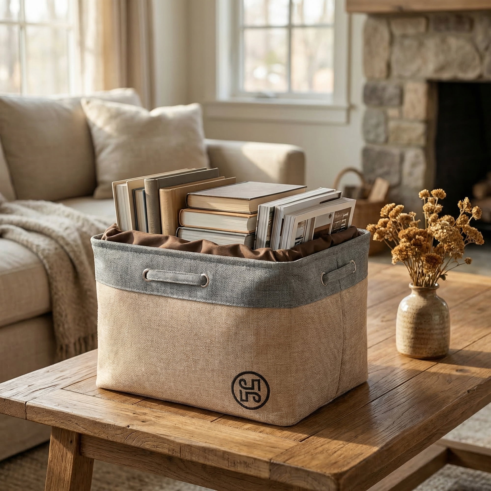 Unique Bargains Fabric Storage Bin with Handles Grey 17.3*13.8*11.8in