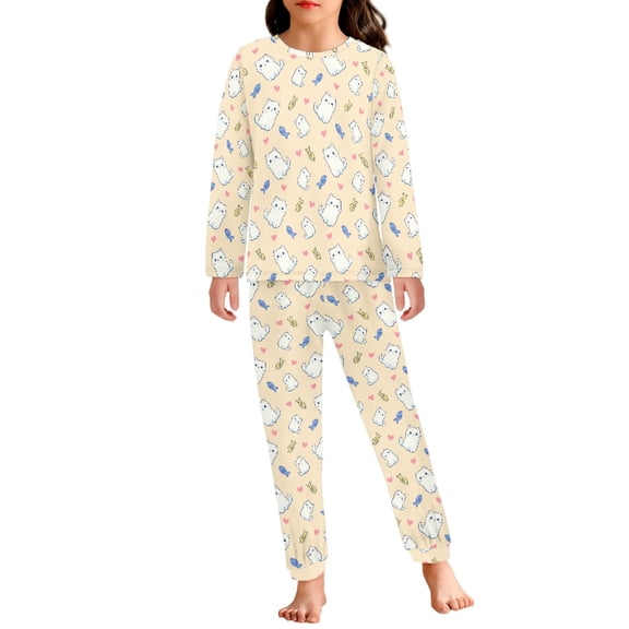 DISNIMO Yellow Cat Pajama Set for Kids Girls Pajamas Size 3-4 Sets Long Sleeve Pjs for Toddler Boys Sleepwear Set for Kids 2 Piece Pj Sleepwear for Girls Crewneck