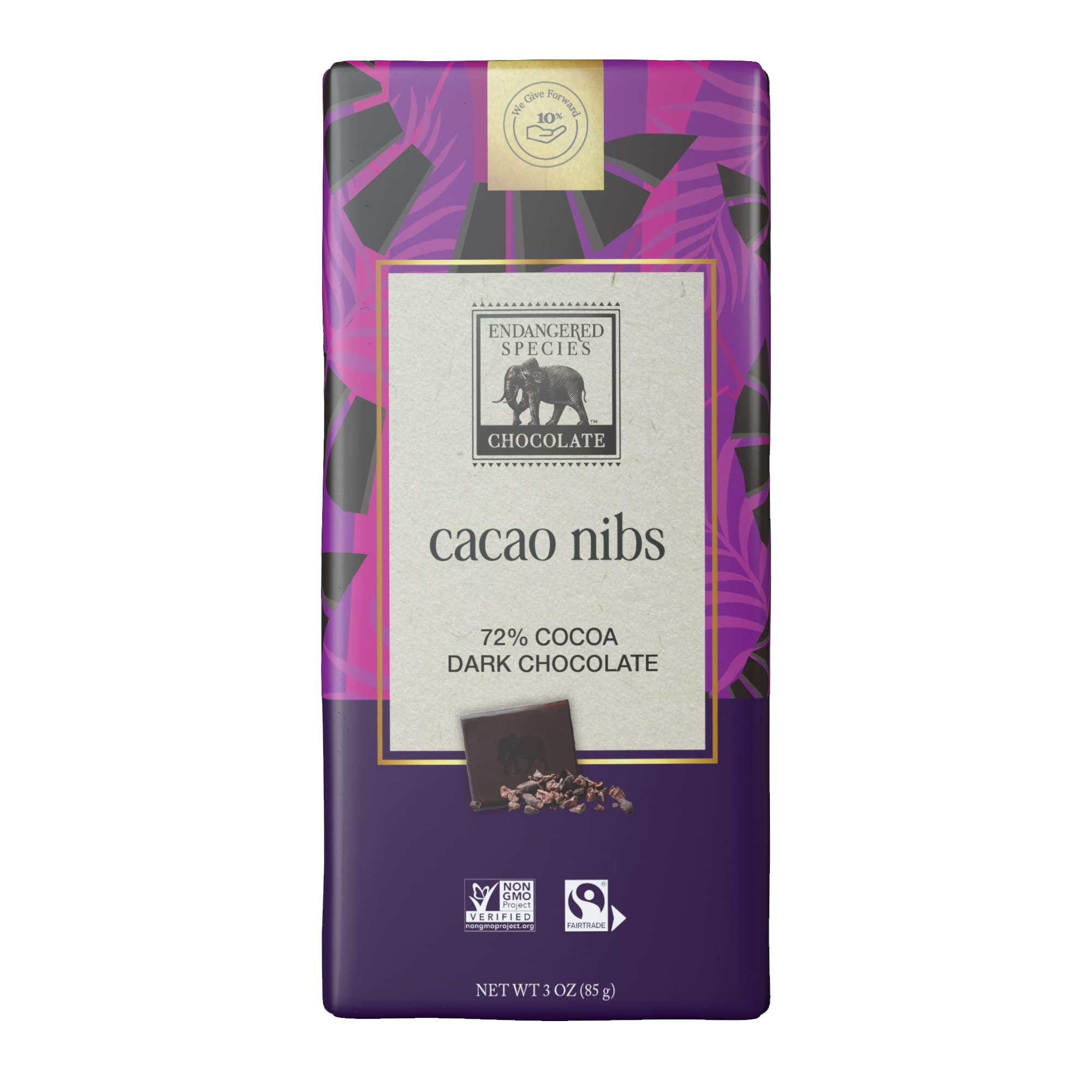 Endangered Species Chocolate Dark Chocolate with Cocoa Nibs Bar, 3 Ounce - 12 per case.