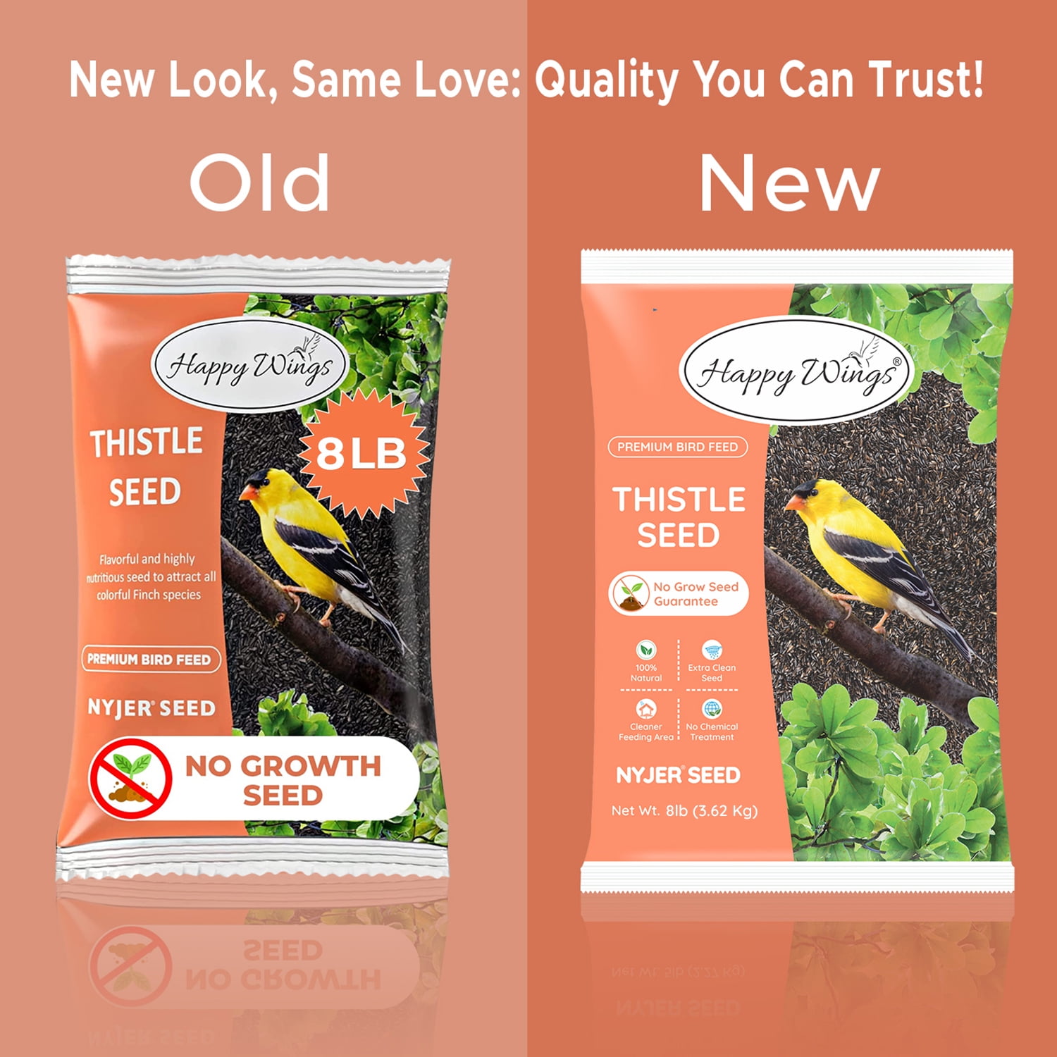 Happy Wings 8lbs No Grow Nyjer Seed Bird Food & 3 Empty Sock Feeders for Wild Bird Seed - Dry