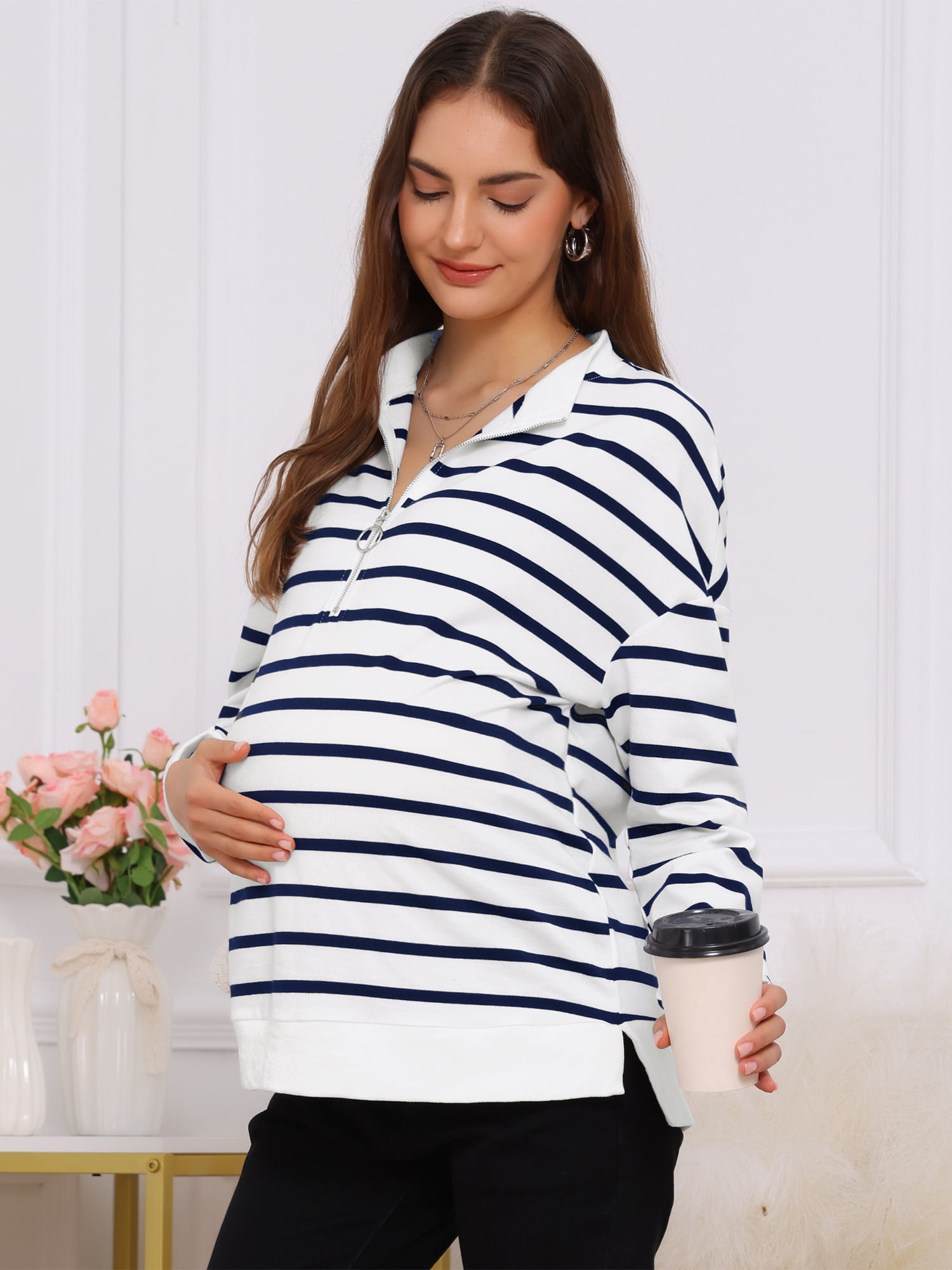 DARING DIVA Women's Maternity Mock Neck Long Sleeve Half Zip Sweatshirt 2XL Blue