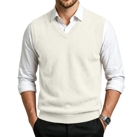 Mens Sweater Vest V Neck Sleeveless Knitted Ribbed Hem Classic Fit Vest Comfortable Elegant Business Top Formal Fall Pullover Clothes,Beige XXXXXL