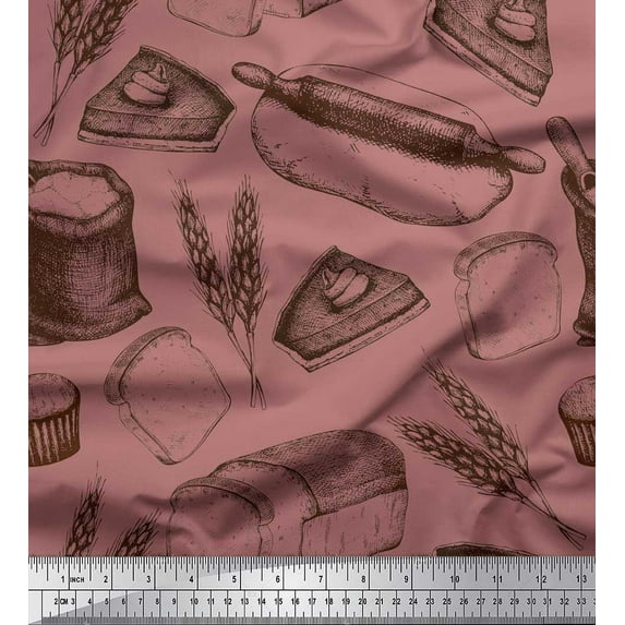 Soimoi Cotton Cambric Fabric Rolling Pin,Wheat & Sandwich Bread Food Decor Fabric Printed Yard 42 Inch Wide