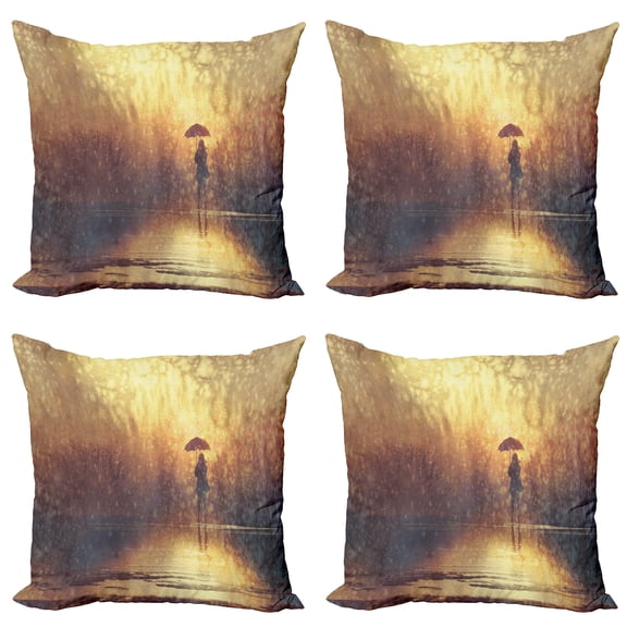Ambesonne Modern Throw Pillow Cover 4 Pack, Woman Under the Rain, 16", Pale Caramel Yellow