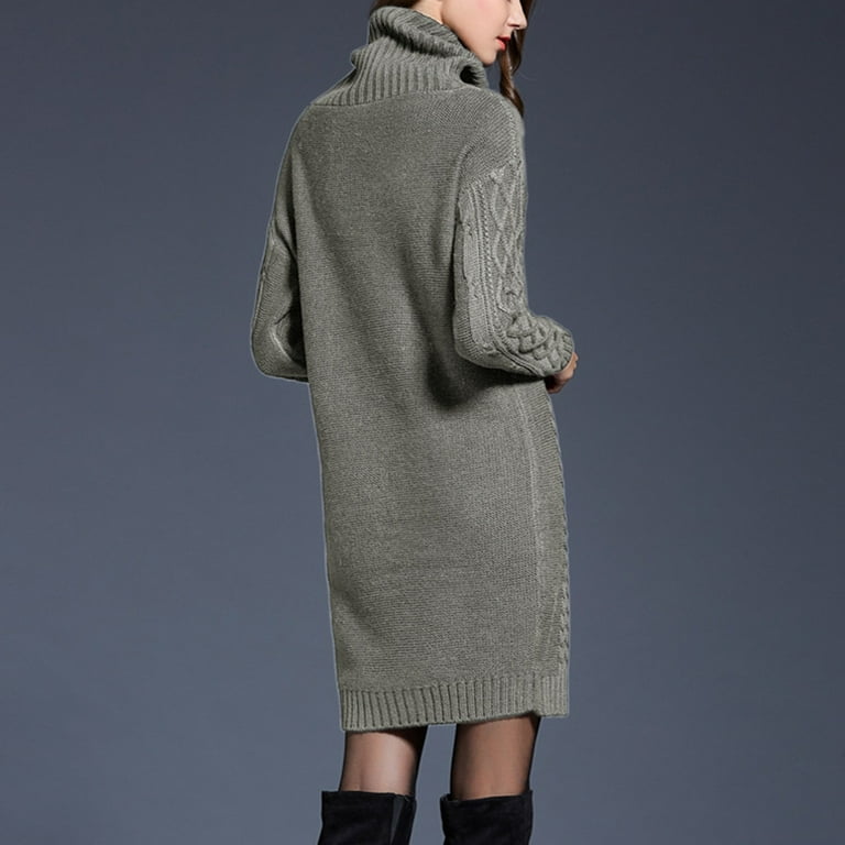 Cable Knit Sweater Grey Turtleneck Dress Long Sleeve Hfyihgf Women  Turtleneck Cable Knit Sweater Dress Casual Winter