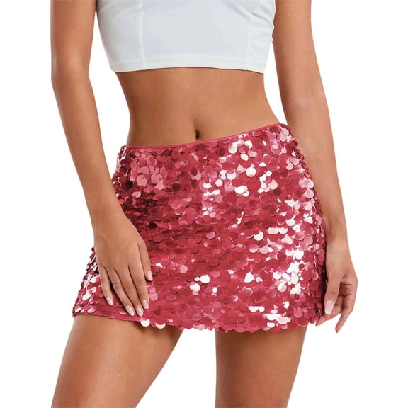 vigerkar Women's Sequin Mini Skirt Sparkly Glitter Stretchy Bodycon Club Party Night Out Skirts (Red, L)