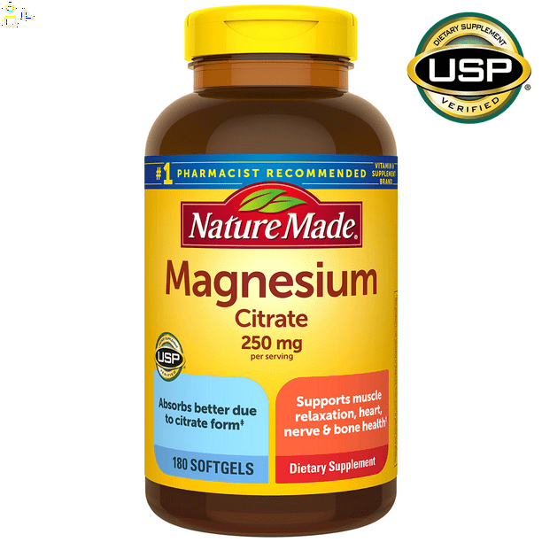 Nature Made Magnesium Citrate 250 Mg., 180 Softgels Helps Support Nerve, Muscle, Heart and