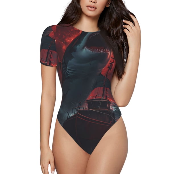 Fotbe Red Moon Shark Sailboat Body de Mujer con Cuello Redondo y Mangas Cortas, Sin Mangas Ajustado, Suave, Cómodo y Básico-XX-Large