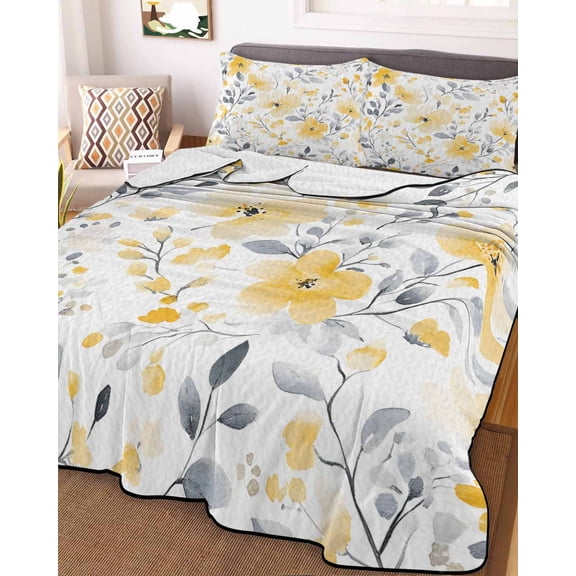 Yellow Floral Spring Queen Size Down Alternative Comforter, Lightweight Comforter Quilt Bedding Set with Pillow Shams Pastoral Gray Botanical Summer All Seasons Bed Comforter Duvet Insert 90"x96"