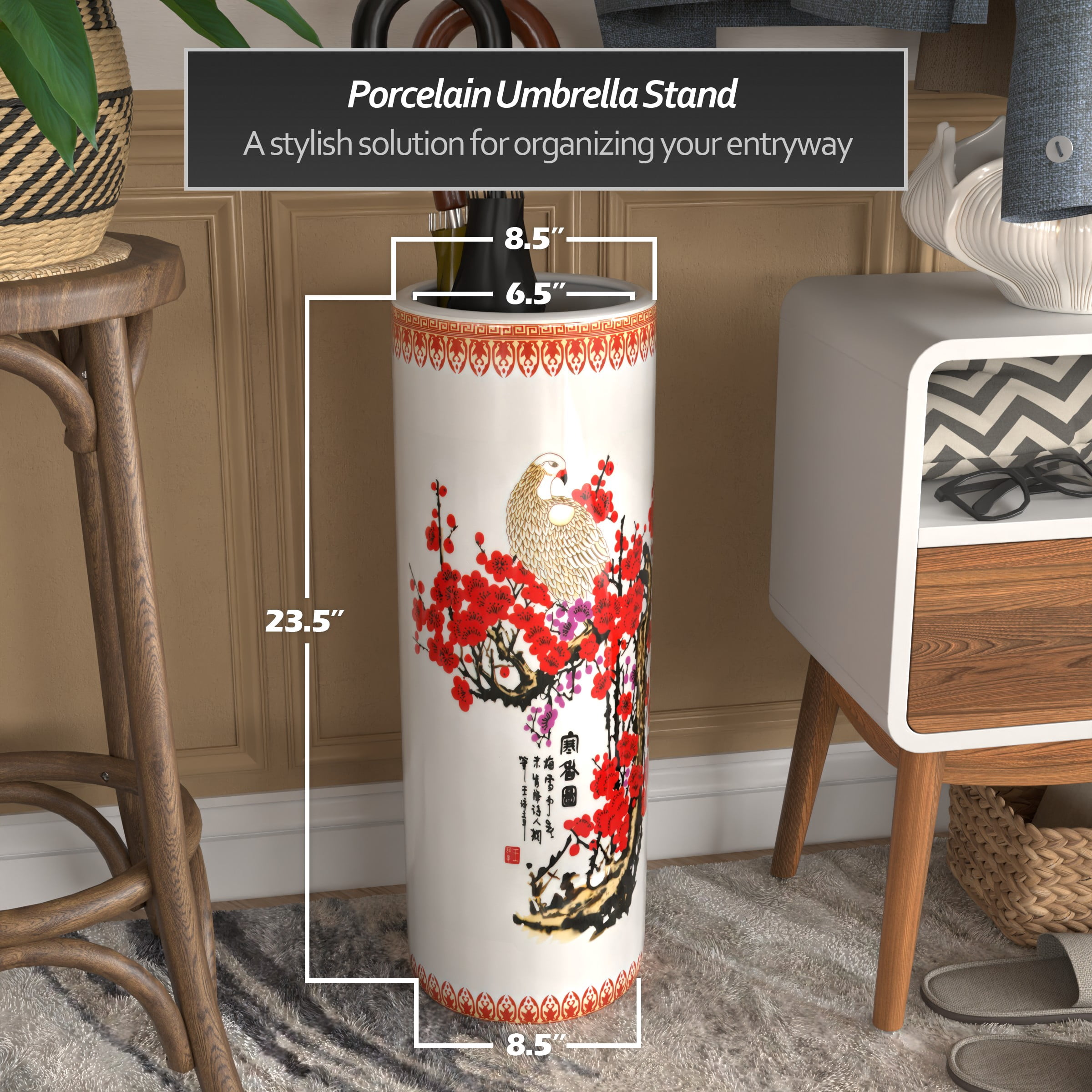 Red Lantern 24" Cherry Blossom Porcelain Umbrella Stand