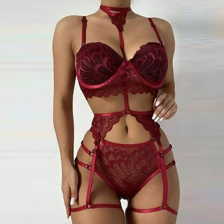 

Raeneomay Underwear for Women Sales Clearance Women Solid Color Bralette Panty Strappy Lace Embroidery