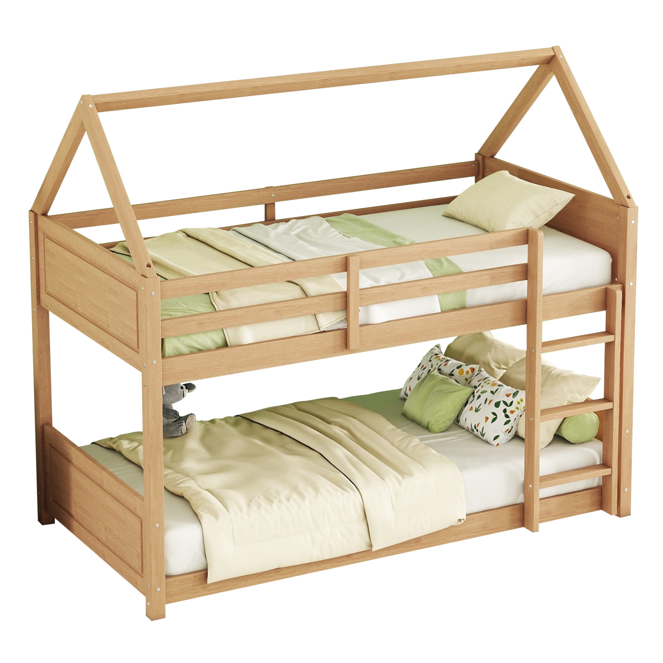 Aukfa Heavy Duty Junior House Bunk Bed with Full-Length Guardrail, Twin Over Twin Bunk Bed Frame, Oak