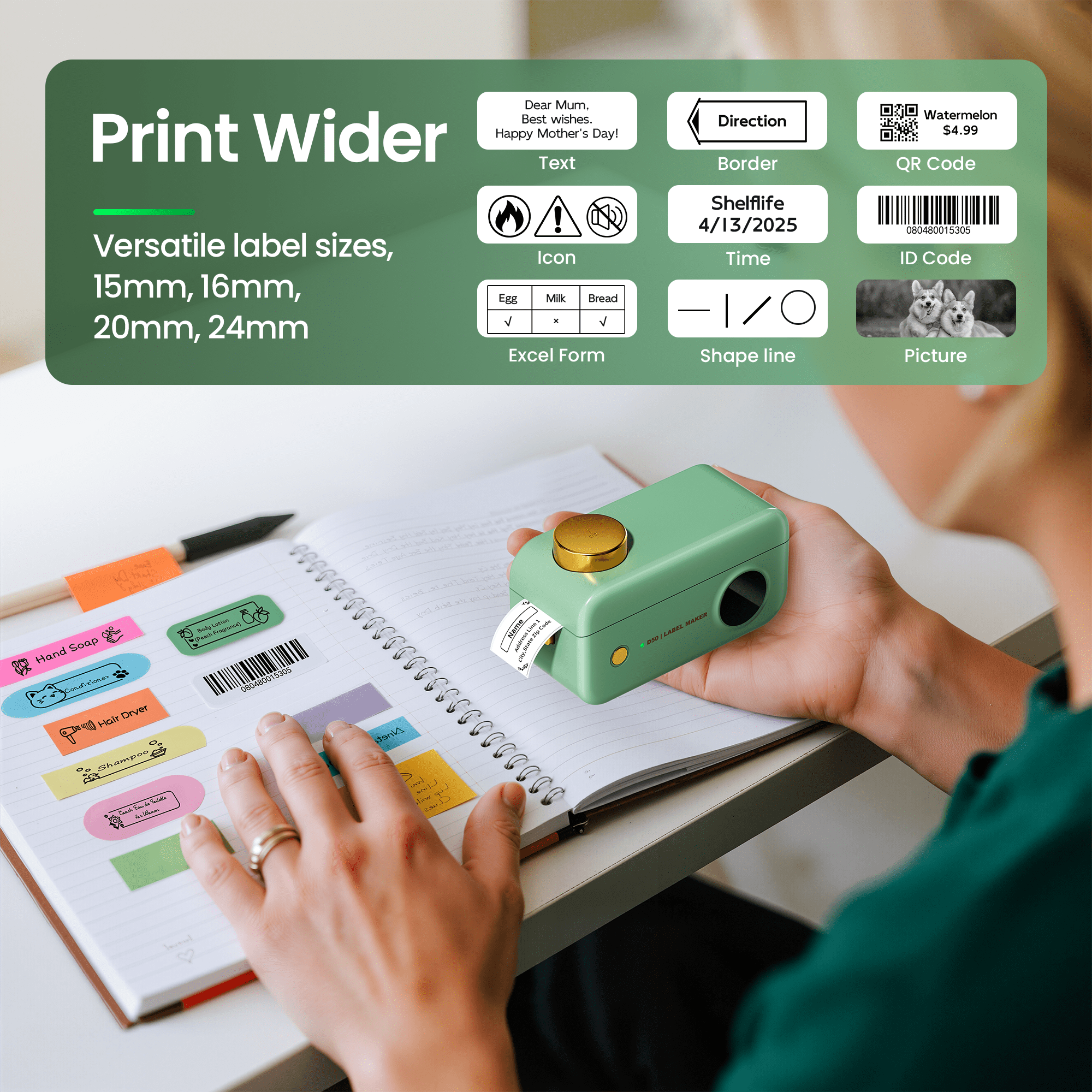 Phomemo D50 Thermal Label Maker for 1", Bluetooth Inkless Label Printer, Mini Pocket Label Maker Machine, Suitable for 15mm, 16mm, 20mm, or 24mm Width Labels, for Home, Office, and Supermarket