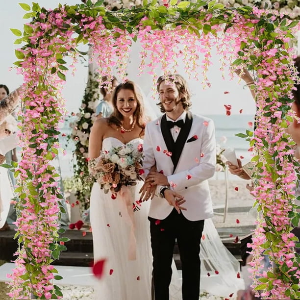 Enredaderas de flores de glicina artificial 4 paquetes de guirnalda colgante de seda | 1,8 metros cada uno | Hojas verdes realistas | Arco de boda Fiesta Decoración al aire libre del hogar |
