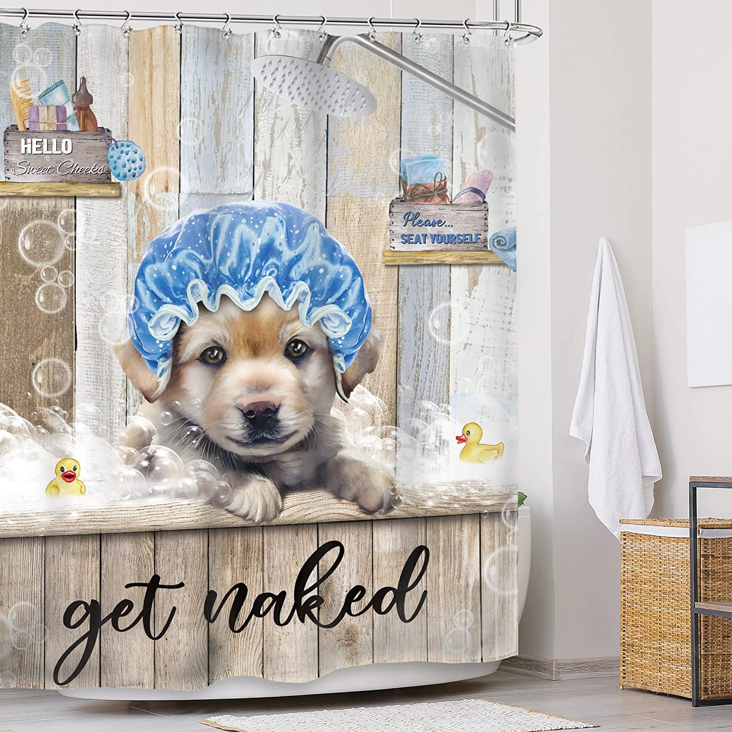 JOOCAR Funny Rustic Dog Shower Curtain Country Farmhouse Animal Get Naked Bathroom  Curtains Set 72Wx72L Inches Cute Wooden Board Bubble Bath Accessories Art  Home Decor Fabric 12 Pack Hooks 