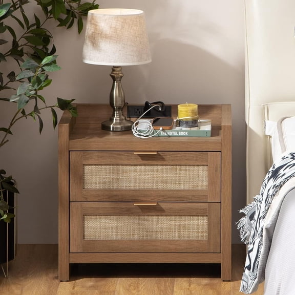 SICOTAS Night Stand with 2 Large Drawers : Rattan Bedside Table | Farmhouse Boho Nightstands with Type-C Charging Station, Storage, End Table Side Table for Bedroom, Small Space, Apartment