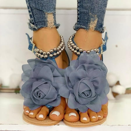 CHOII Clearance Women Slippers Girls Flat Bohemian Style Casual Sandals Slippers Open Toe Beach Shoes with 3 Artificial Diamond Flowers Flip Flops for Women Thong Sandals Rose Gold/6
