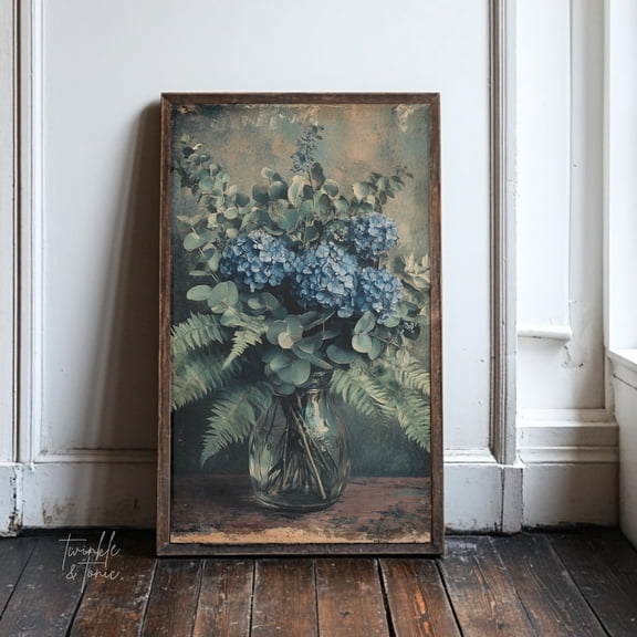 Vintage Blue Hydrangeas Art Print Dark Academia Floral Wall Dã©Cor Moody Cottagecore Poster Rustic Botanical Design UNFRAMED Poster, Wall Art for Decor, Present, 8x12